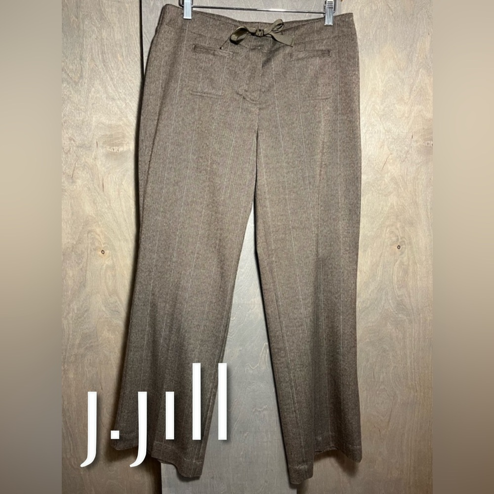J. Jill Brown Pinstripe Tweed Wideleg Stretch Trouser Pant w/Ribbon Tie 10